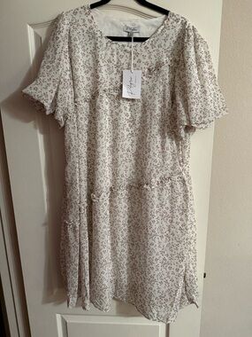Polagram Cream Midi Dress with Pink Floral Print - 1X with Pockets